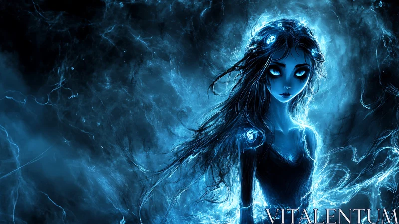 Glowing spectral girl stands in swirling blue energy field