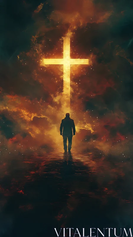 Backlit cruciform portal with silhouetted figure in nebular haze.