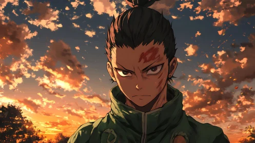 Anime fighter with scarred face stands under vivid sunset sky