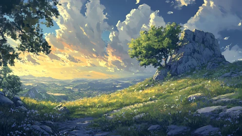 Sunlit hillside meadow opens over a vast, serene valley view