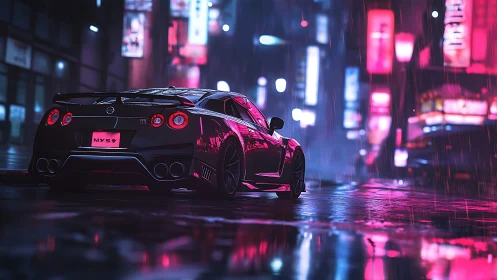 Neon city rain welcomes a sleek sports car poised for adventure