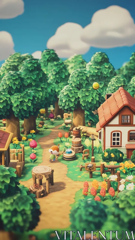Pastoral cottage scene rendered in stylized 3D.
