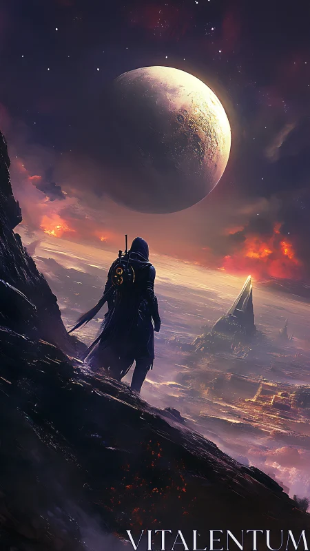 Hooded wanderer overlooks alien city under massive planet.