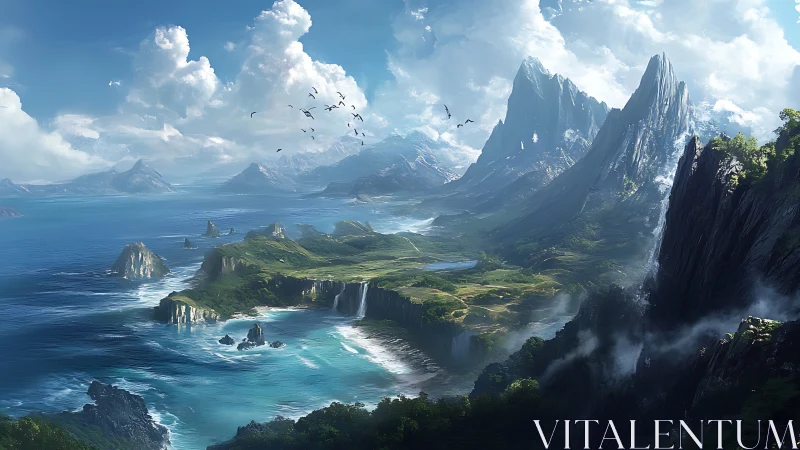 Dramatic Coastal Landscape: Towering Peaks and Cascading Waterfall.