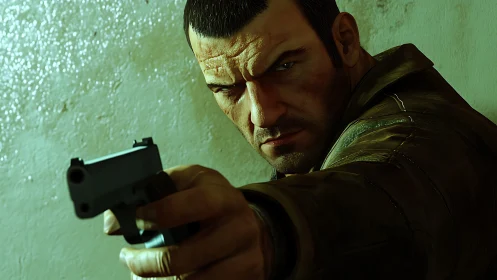 Determined man aiming handgun in close up profile shot.