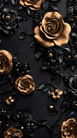 Metallic gold and ebony roses displayed on textured dark surface with dimensional relief lighting