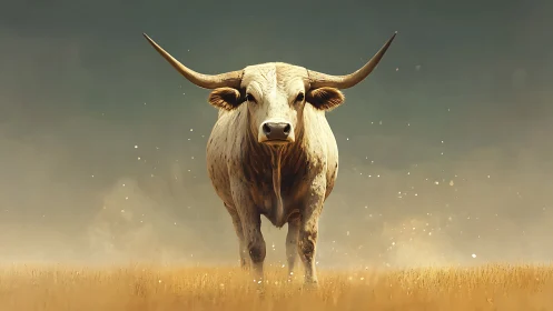 Longhorn bull advancing through sunlit dust in dry field