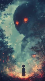 Child of embers confronts towering forest shadow sentinel.