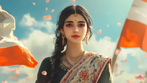 Elegant Indian Woman in Traditional Dress with Flags, Digital Art.