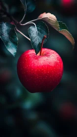 Red apple hanging on tree branch with dark blurred background.