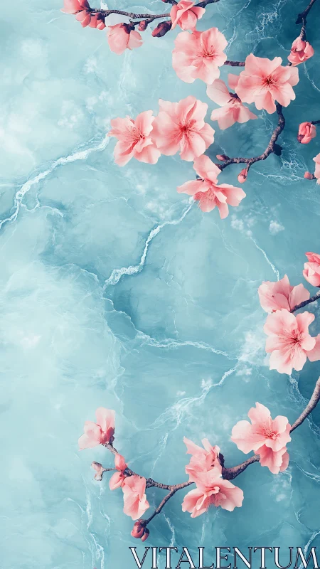 Pink blossoms float gracefully above turquoise waters.
