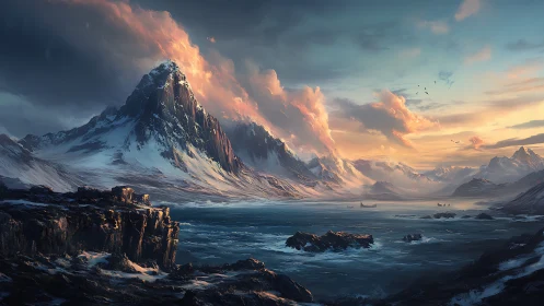 Snow-covered coastal mountains at dusk with distant vessels.