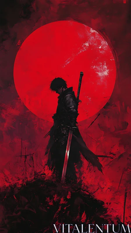 Lone blade beneath a crimson eclipse of blood-red dusk.