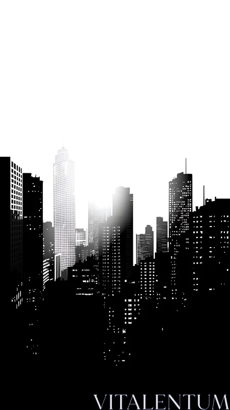 Monochrome high rise city skyline silhouette at sunrise.