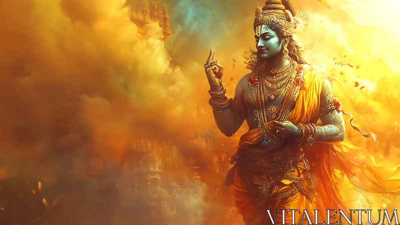 Radiant divine figure walking through swirling golden light.