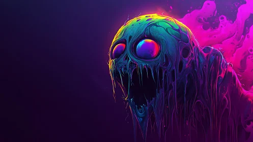 Neon slime creature dissolves into dripping fluorescent liquid