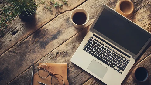 Overhead optical study of laptop workspace on rustic timber.