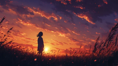 Silhouette of a figure stands in tall grass at sunset