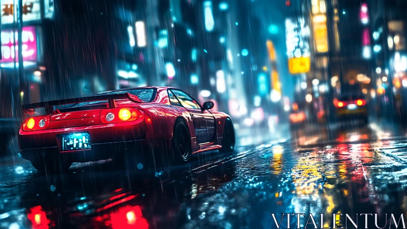 Midnight red sports car cruising through neon city rain.