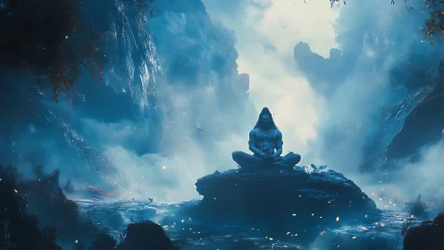 Meditating deity sits on misty river rock under blue light