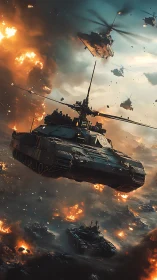 Hovering battle tank glides through a blazing sci fi warzone