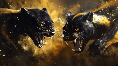 Dual Panthers in Golden Tempest: Digital Confrontation.