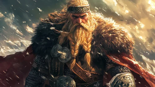 Storm-scarred Viking warlord in fur cloak against snowstorm.