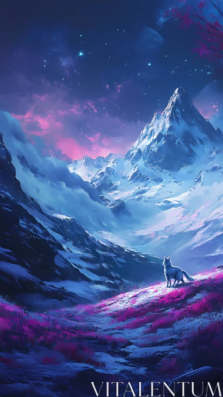 Digital painting of lone wolf in neon alpine valley at night.