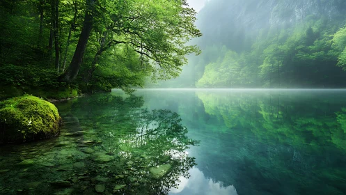 Optically tranquil alpine lake with specular forest reflections.