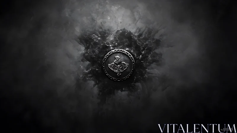 Metallic eagle emblem emerges from dark smoky void.