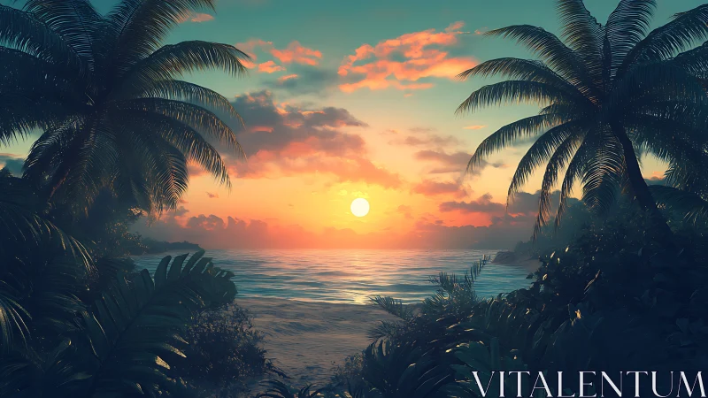 Gentle tropical sunset wrapped in lush palm silhouettes.