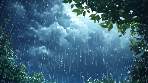 Nocturnal rainstorm rendered through luminous anime foliage