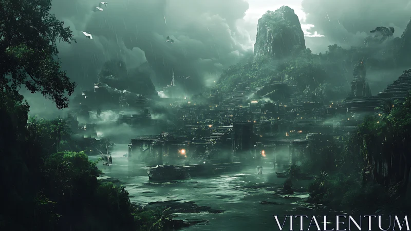 Rain-drenched jungle megacity with tiered hydro-architecture.