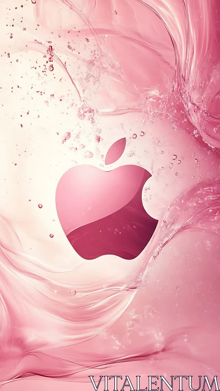 Pink Apple Logo Surrounded by Fluid Art and Droplets.