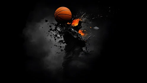 Dynamic basketball impact with explosive dark fracturing motion.