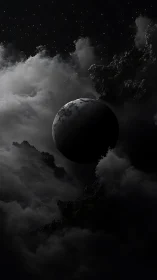 Silent dark planet drifts through stormy cosmic clouds