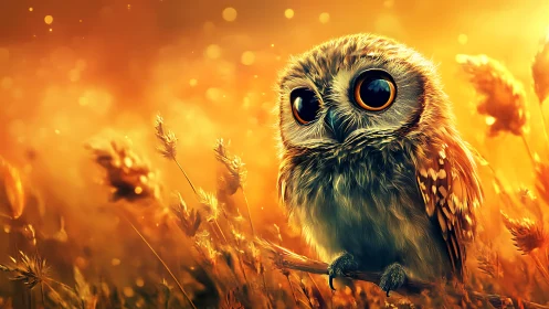 Adorable Baby Owl in Vibrant Golden Wheat Field, Digital Art.