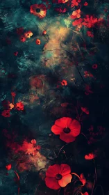 Red Poppies Emerge from Teal Darkness.