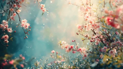 Pink flowering branches in soft-focus environment with bokeh lighting effects.
