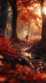 Solitary Figure in Autumn Forest with Golden Backlit Canopy