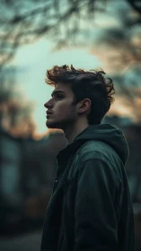 Young man profile watches soft dusk sky in shallow focus