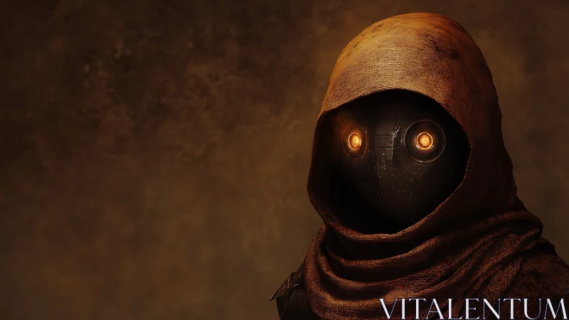 Hooded desert automaton studies the dusk with ember eyes