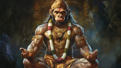 Powerful monkey-headed deity seated in ornate temple hall.