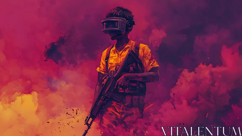 VR soldier stands in neon smoke, merging war and simulation