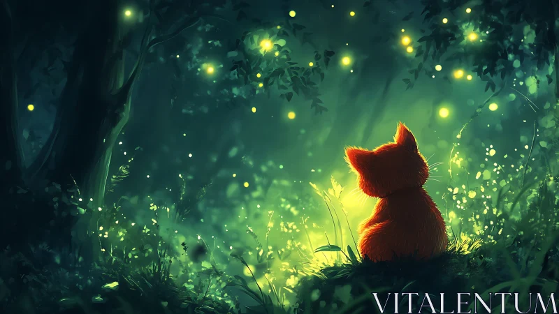 Soft fox watches glowing fireflies in a dreamy night forest