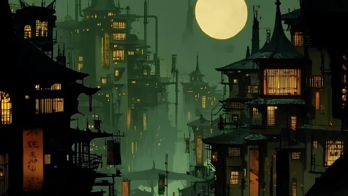 Dense vertical cityscape is shown under a large full moon