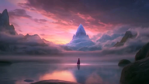 Digital painting of cloaked figure before luminous ice peak.