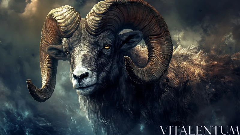 Digital painting of majestic ram with stormlit atmospheric backdrop.