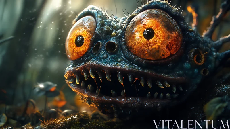 Wide-Eyed Forest Monster With Glowing Golden Gaze.