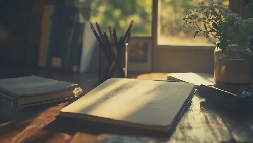 Notebook on wooden desk in warm afternoon light by window.